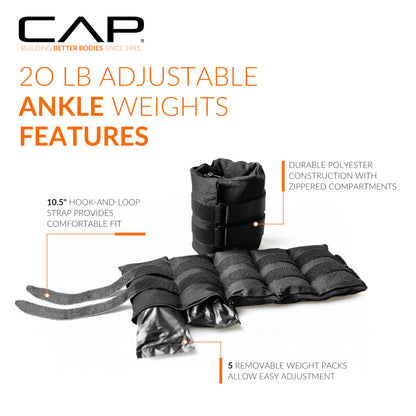 CAP Barbell HHA-CB020A1 20-Pound Pair Adjustable Ankle Weights, Black