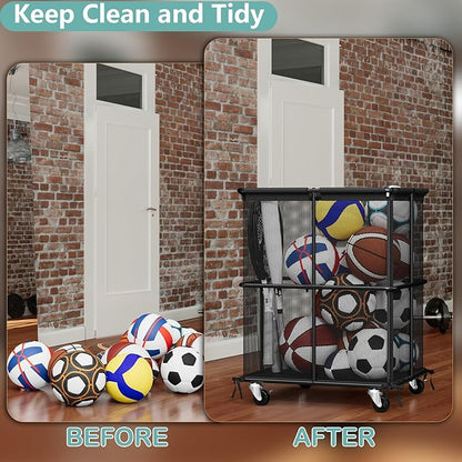 smusei Ball Storage Bin Rolling Sports Ball Storage Cart Garage Sports Equipment Organizer Rack with Wheels Outdoor Basket Ball Cage for Garage, School, Gym, Yoga Room