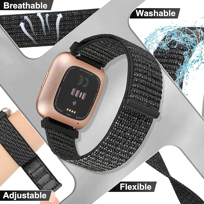 Tiptops 3 Pack Bands Compatible with Fitbit Versa 2/Fitbit Versa/Versa Lite/Versa SE for Women Men, Soft Nylon Sports Loop Replacement Wristband for Fitbit Versa 2 Straps
