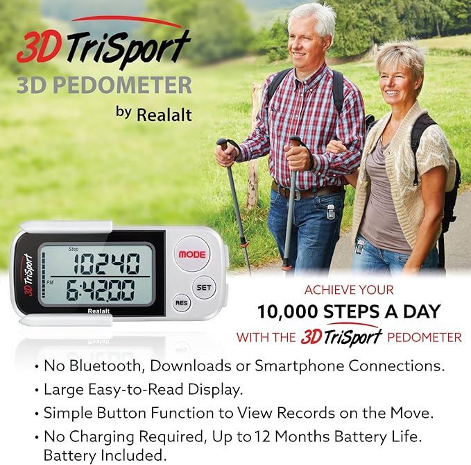 3DTriSport Walking 3D Pedometer with Clip & Strap, eBook Included | 30 Days Memory, Accurate Step Counter, Walking Distance Miles/Km, Calorie Counter, Daily Exercise Time Monitor
