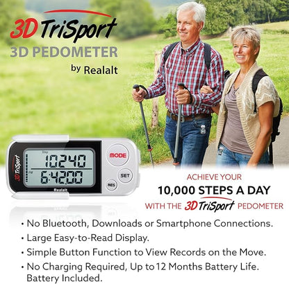 3DTriSport Walking 3D Pedometer with Clip & Strap, eBook Included | 30 Days Memory, Accurate Step Counter, Walking Distance Miles/Km, Calorie Counter, Daily Exercise Time Monitor