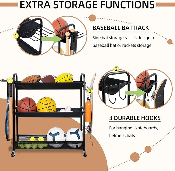 STORAGE MANIAC Basketball Rack 3-Shelf Training Stand Ball Holder Sports Ball Cart Garage Organizer Ball Basket Storage, Ball Rack for Garage or Gym, Indoor & Outdoor Sports Equipment Organizer