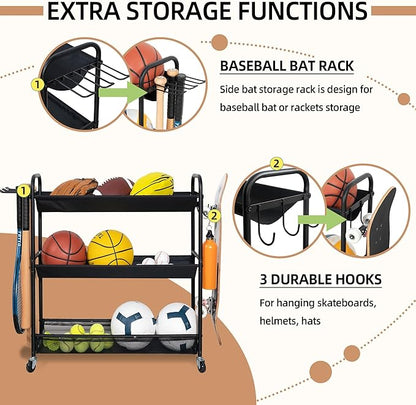 STORAGE MANIAC Basketball Rack 3-Shelf Training Stand Ball Holder Sports Ball Cart Garage Organizer Ball Basket Storage, Ball Rack for Garage or Gym, Indoor & Outdoor Sports Equipment Organizer