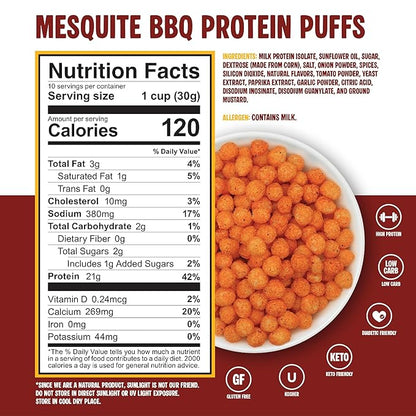 Twin Peaks Protein Puffs - (Mesquite Barbecue), Keto Friendly, Low Carb Snack (300g, 21g Protein, 2g Net Carbs, High Protein, Healthy Crunchy Snack)