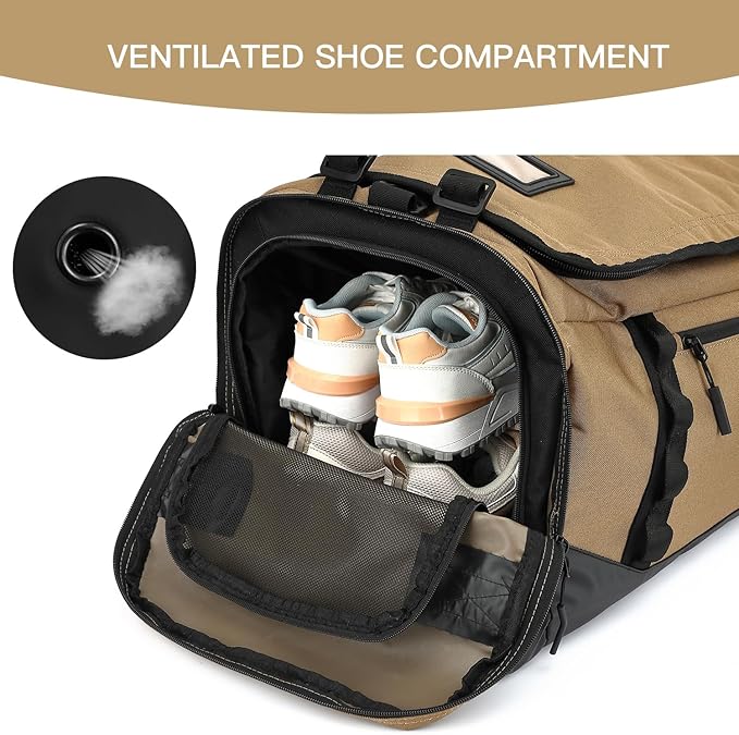 Large Travel Duffle Bag Backpack for Men Women 70L Big Sports Gym Bag with Shoe Compartment Heavy Duty Duffel Bags with Padded Straps for Weekend Overnight Camping, Brown