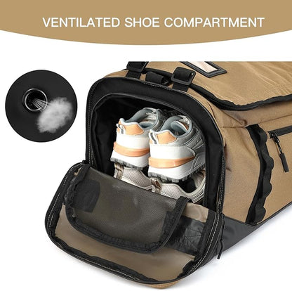 Large Travel Duffle Bag Backpack for Men Women 70L Big Sports Gym Bag with Shoe Compartment Heavy Duty Duffel Bags with Padded Straps for Weekend Overnight Camping, Brown