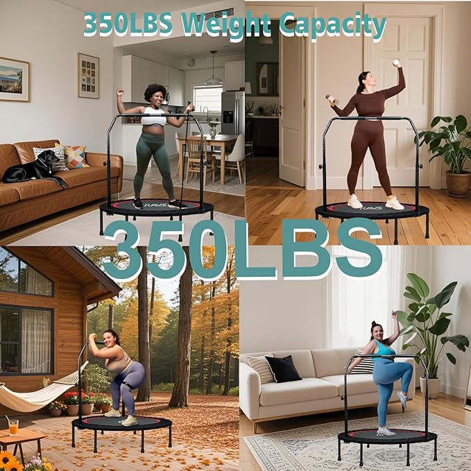 RAVS Mini Trampoline for Kids Adults 40"/48" Foldable Fitness Rebounder Kids Trampoline with 5 Levels Height Adjustable Handle Resistance Bands Indoor Workout