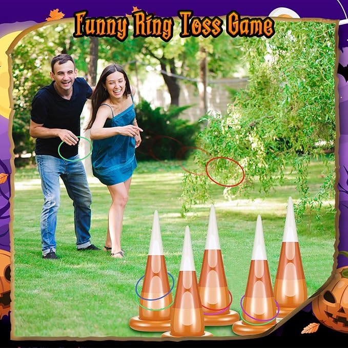 16 Pcs Halloween Inflatable Ring Toss Games Kit Candy Corn Ring Toss Game with Air Pump for Halloween Party Supplies Decor Indoor Outdoor Garden School
