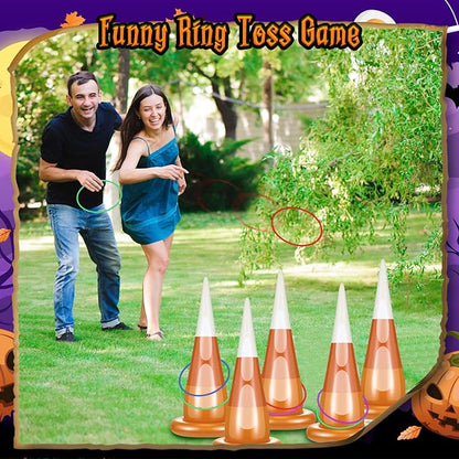 16 Pcs Halloween Inflatable Ring Toss Games Kit Candy Corn Ring Toss Game with Air Pump for Halloween Party Supplies Decor Indoor Outdoor Garden School