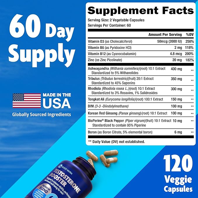 Testosterone Booster Supplement for Men - Male Enhancing Test Boost - Ashwagandha, Tongkat Ali, Rhodiola, Tribulus, Vitamin D3, B6, B12 - Workout, Muscle Builder, Strength, Energy, Performance - 120ct
