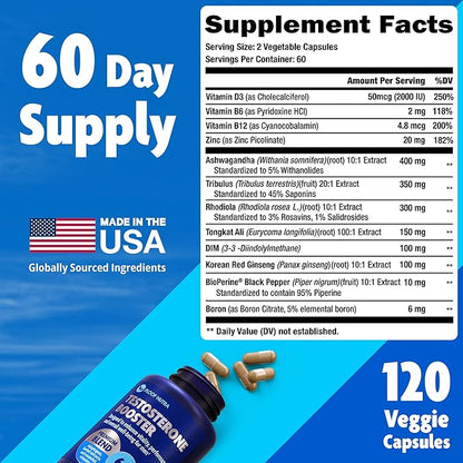 Testosterone Booster Supplement for Men - Male Enhancing Test Boost - Ashwagandha, Tongkat Ali, Rhodiola, Tribulus, Vitamin D3, B6, B12 - Workout, Muscle Builder, Strength, Energy, Performance - 120ct