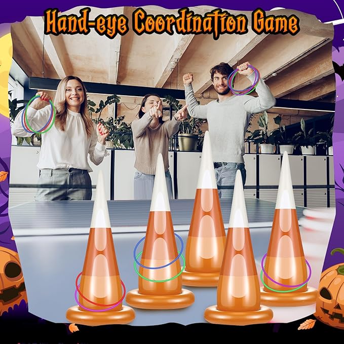 16 Pcs Halloween Inflatable Ring Toss Games Kit Candy Corn Ring Toss Game with Air Pump for Halloween Party Supplies Decor Indoor Outdoor Garden School