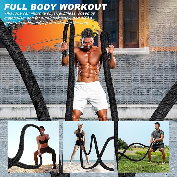 Battle Rope Workout Equipment 1.5 Inch Diameter 30FT Exercise Heavy Weighted Diameter Battle Rope with Protective Cover Exercise Equipment Core Strength Training