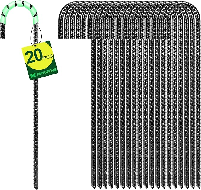 12 Inch Rebar Stakes Heavy Duty 20 Pack, J Hook Ground Stakes, Galvanized Steel Trampoline Stakes, Tent Anchor Kit Anti-Rust, Drip Hose Wind Stakes, Black