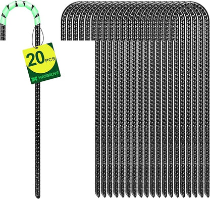 12 Inch Rebar Stakes Heavy Duty 20 Pack, J Hook Ground Stakes, Galvanized Steel Trampoline Stakes, Tent Anchor Kit Anti-Rust, Drip Hose Wind Stakes, Black