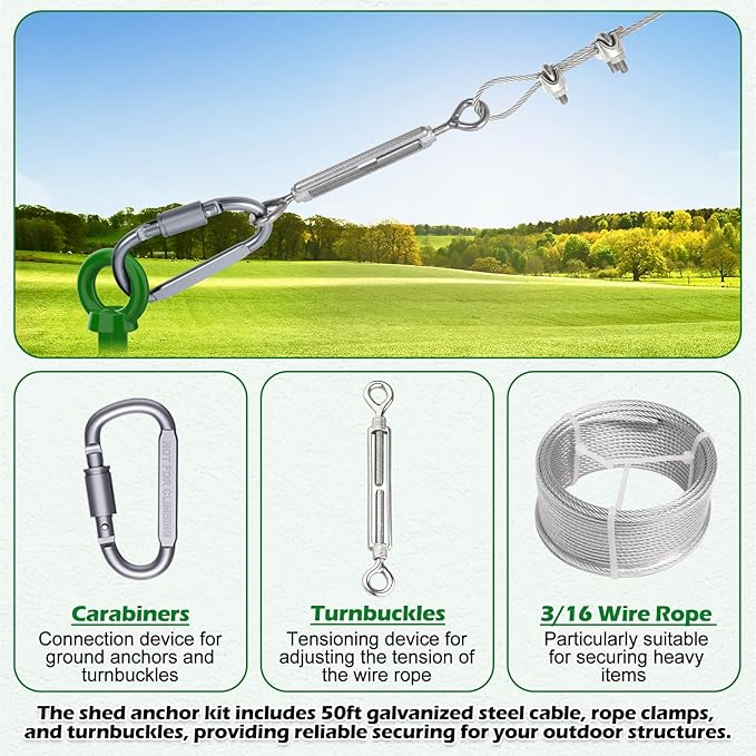 4 Pcs 18" Fully Welded Ground Anchors Shed Anchors Kit with 1/8" Galvanized Cable & Turnbuckles & Carabiners, Heavy Duty Earth Anchors for Sheds Trees Trampoline Greenhouse Swing Set Tent (Green)