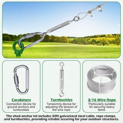 4 Pcs 18" Fully Welded Ground Anchors Shed Anchors Kit with 1/8" Galvanized Cable & Turnbuckles & Carabiners, Heavy Duty Earth Anchors for Sheds Trees Trampoline Greenhouse Swing Set Tent (Green)