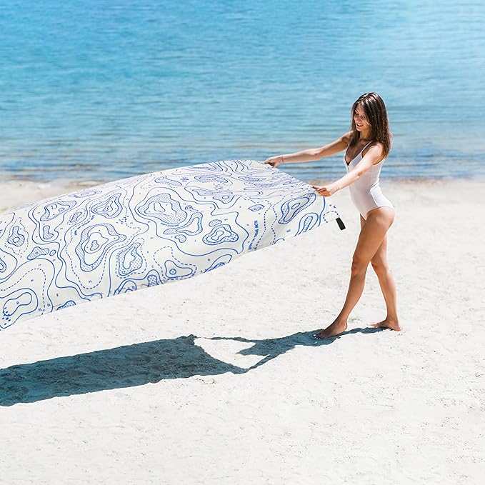 Beach Blanket Sandproof, 78''×86'' Large Waterproof Sand Free Beach Mat for 4 Adults, Big Compact Foldable White Beach Essential with 4 Stakes & 4 Corner Pockets for Picnic, Camping, Travel