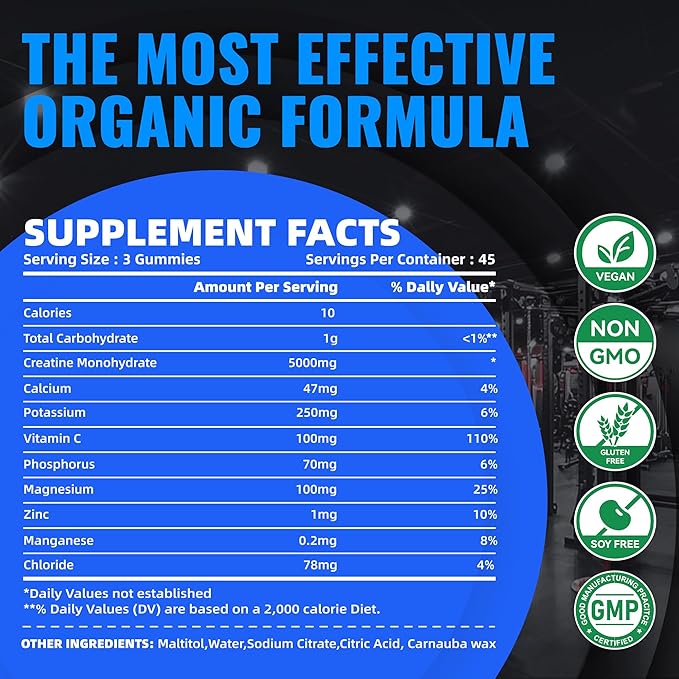 Creatine Monohydrate Gummies (5g) – Pre-Workout Energy & Muscle Growth Support for Men & Women | Blueberry Electrolyte Gummies (135 Count)