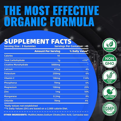 Creatine Monohydrate Gummies (5g) – Pre-Workout Energy & Muscle Growth Support for Men & Women | Blueberry Electrolyte Gummies (135 Count)