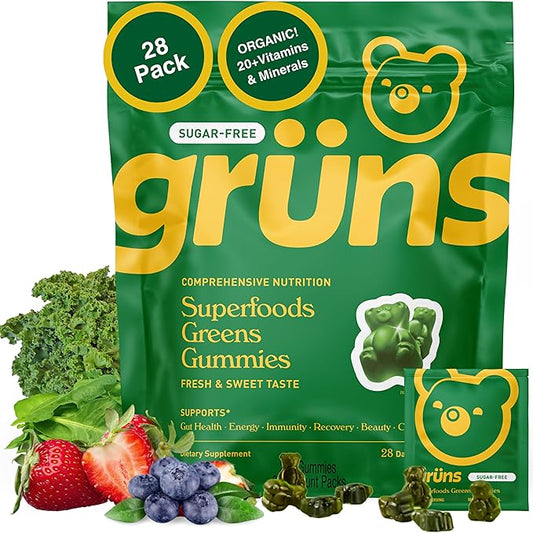 Gruns Adult Sugar-Free Super Greens Gummies, Superfood Gummy Bears with Spirulina, Chlorella, Fiber