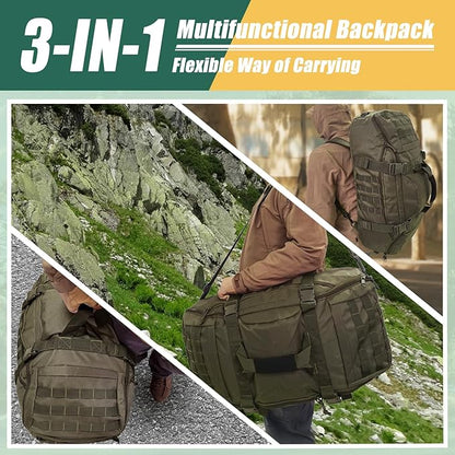 65L Large Travel Gym Duffle Bag with Tensile Strength Pom Buckle Military Tactical Backpack, Army Pack for Outdoor Sport with Molle System, Olive Green