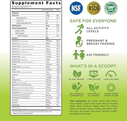 TRU Supplements Plant Based Protein Powder, BCAA, EAA, 20g Vegan Brown Rice & Pea Protein, 100 Calories, 27 Vitamins, No Artificial Flavors 25 Servings (Natural Chocolate Cream)