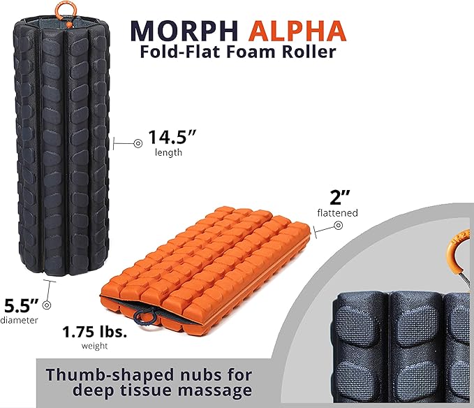 Morph Foam Roller (Alpha-Orange): Collapsible Travel Foam Roller for Pain Relief, Workout Muscle Recovery, Back Massager, Deep Tissue Leg Massage, Back Cracker, Stretcher; Small, Portable