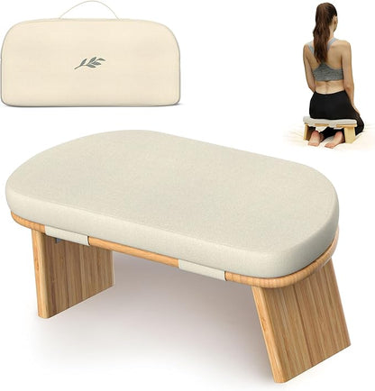 Meditation Chair w/ Extra Thick Cushion - Portable Bamboo Meditation Bench w/ Magnetic Locking Hinge - Anterior Tilt Seiza Bench Ideal for Comfortable & Stable Meditation - Sleek Canvas Kneeling Chair