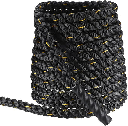 MECCANIXITY Battle Rope 50ft x 1.5 Inch Polyester Workout Rope Heavy Fitness Exercise Rope for Strength Training Home Gym Muscle Building, Black Yellow
