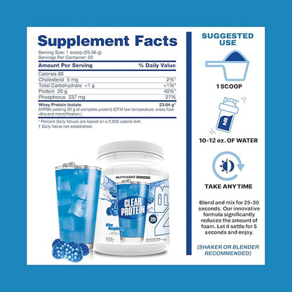 NutraBio Clear Protein Powder, Blue Raspberry - 20 Servings, 20g Clear Whey Protein Isolate, 0 Sugar, 0g Lactose, Refreshing Fruit Flavors, GLP1 Support - Bone Health - Muscle Post Workout Recovery