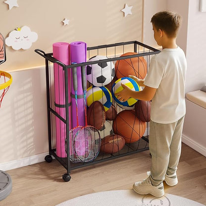 Ball Storage Bin Rolling Sports Ball Cart, Metal Garage Organizer Sport Rack, Ball Basket Storage, Ball Cage for Garage or Gym, Indoor & Outdoor Sports Equipment Organizer Black