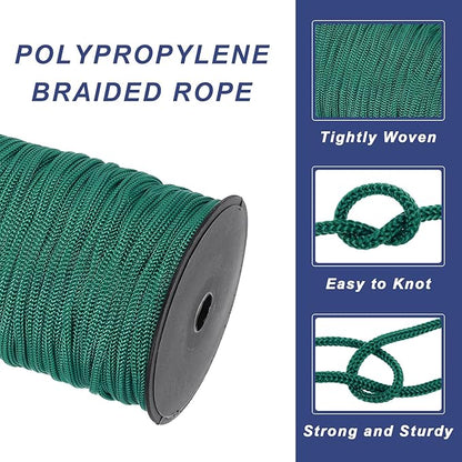 MECCANIXITY 3/16 Inch Polypropylene Rope Braided Ropes, 328ft Nylon Rope Hollow Utility Cord for Clothesline, Camping, Hiking, Outdoor, Ink Green