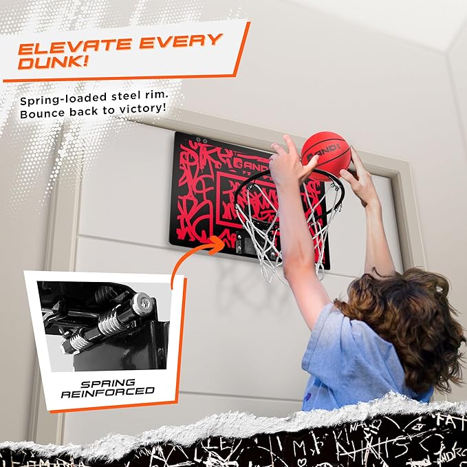 AND1 Over the Door Mini Basketball Hoop: 18x12 Shatterproof Backboard, 2 Mini Basketballs, and Hand Pump Included- Ultimate Indoor Basketball Accessory for Kids and Adults, No Tools Required