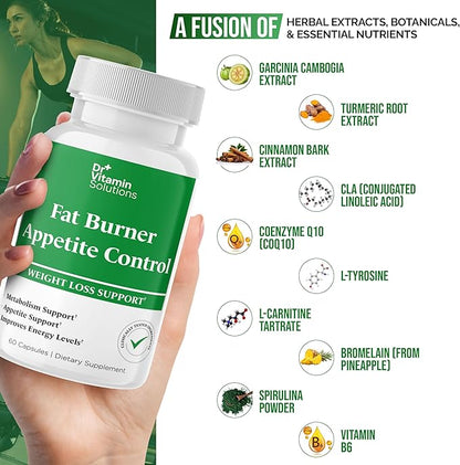 DR VITAMIN SOLUTIONS Fat Burner & Appetite Control Weight Loss Supplements for Women & Men - Metabolism Booster w/L-Carnitine, CLA, Chromium - Appetite Suppressant for Weight Loss - 60 Capsules