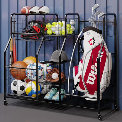 Garage Sports Equipment Organizer & Outdoor Toy Storage, Ball Storage Golf Organizer For Garage with Baskets, 5 Hooks