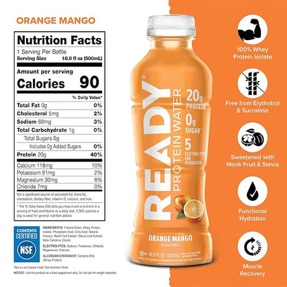 Ready® Protein Water ??20g Whey Protein Isolate, Zero Sugar, Low-Calorie Sports Drink for Hydration & Recovery ??Electrolytes, Essential Amino Acids ??Orange Mango, 16.9 fl oz Bottles (12-Pack)