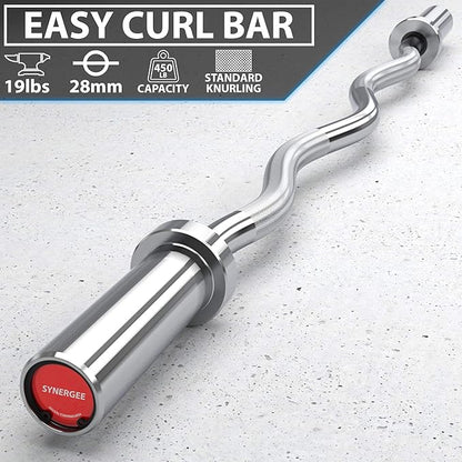 Synergee Commercial EZ Curl Olympic Bar Chrome & Black Phosphate with Powder Coated Brass Bushings Excellent for Bicep Curls and Triceps Extensions