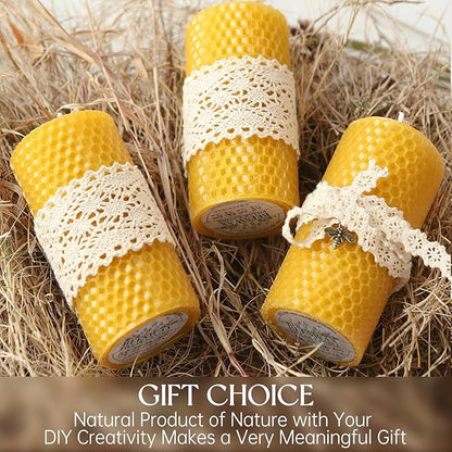 6 Packs Natural Beeswax Candles, Hand Rolled Honeycomb Beeswax Pillar Candles, Pure Bee Wax Gifts for Candle Lovers,Home Decor, Air Purify (2x4 in)