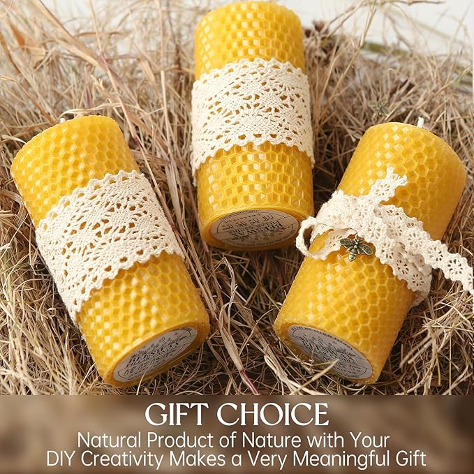 Hand-Rolled Beeswax Candles, 2 Packs, Handcrafted Honeycomb Beeswax Pillar Candles, Natural Bee Farm Gift for Candle Lovers,Home Decor, Air Purify (2x4 in)