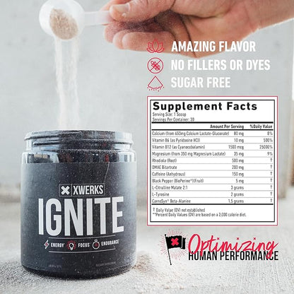 Xwerks Ignite Green Apple Pre Workout Powder, Natural Keto Pre Workout for Women and Men with Explosive Energy, Gluten Free Blend for Endurance and Stamina, 150mg Caffeine, 30 Servings