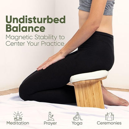Meditation Chair w/ Extra Thick Cushion - Portable Bamboo Meditation Bench w/ Magnetic Locking Hinge - Anterior Tilt Seiza Bench Ideal for Comfortable & Stable Meditation - Sleek Canvas Kneeling Chair