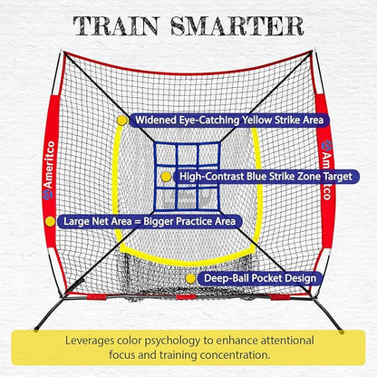 Baseball Net，7x7ft Baseball Practice Net with Tee and Target, Large Pocket Sports net for Hitting/Batting/Pitching/Throwing,Scratch Resistant Base,Indoor/Outdoor Versatile Use for All Levels