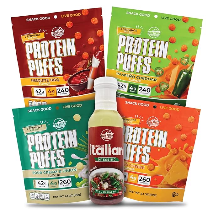 Twin Peaks Protein Puffs & Italian Dressing Starter Pack – Low Carb, Keto-Friendly, High Protein, Gluten-Free Snack