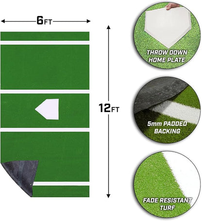 On Deck Sports 12' x 6' Baseball and Softball Batting Mat with Throwdown Home Plate