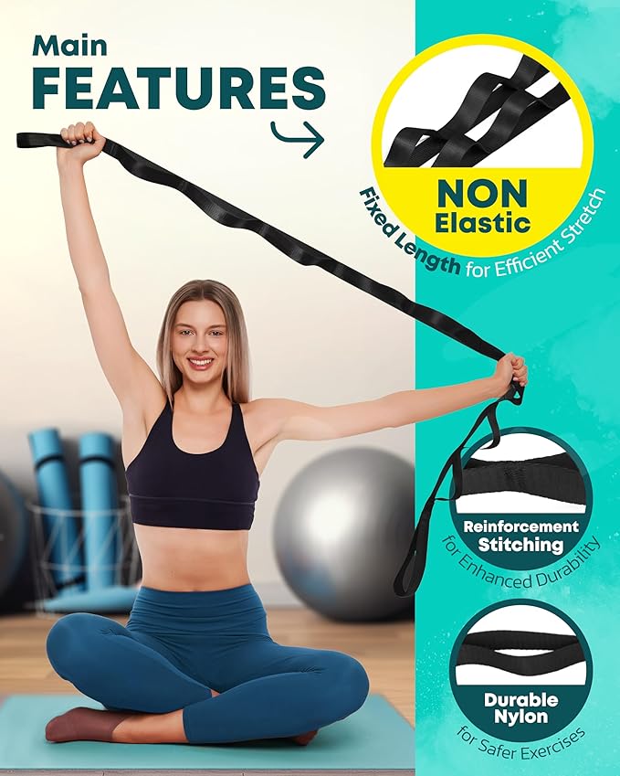 Stretching Strap Non Elastic Yoga Strap with Loops - Stretching Band for Physical Therapy, Stretch Bands for Exercise and Flexibility - Stretch Strap with 10 Loops, Hamstring & Leg Stretcher by CTRL Sports