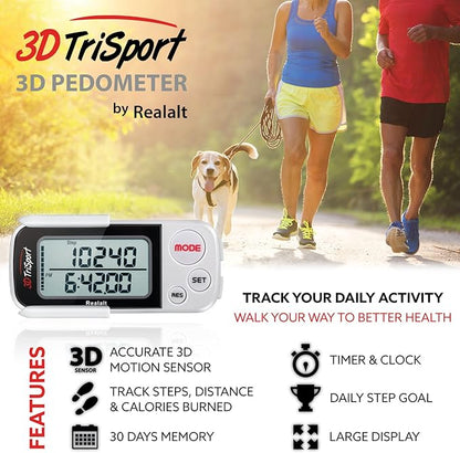 3DTriSport Walking 3D Pedometer with Clip & Strap, eBook Included | 30 Days Memory, Accurate Step Counter, Walking Distance Miles/Km, Calorie Counter, Daily Exercise Time Monitor