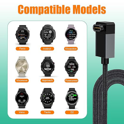 AGVEE 2 Pack 6.6ft Charger for Garmin Watch, L-Shape Zero Gap Charging Cable for Fenix, Forerunner, Vivoactive, Instinct, Venu, Tactix, Approach, D2, Quatix Series, Right Angle Braided, Dark Gray