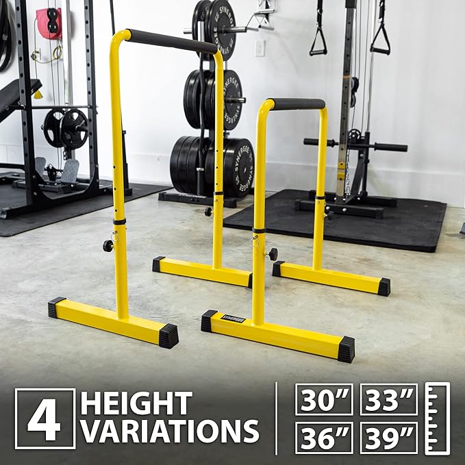 Synergee Dip Bar. Adjustable Dip Station from 30????39??for Dips, Inverted Pull Ups. Max capacity 400 lbs. Portable Dip Stand for Total Body Workout. Available in Yellow and Black.