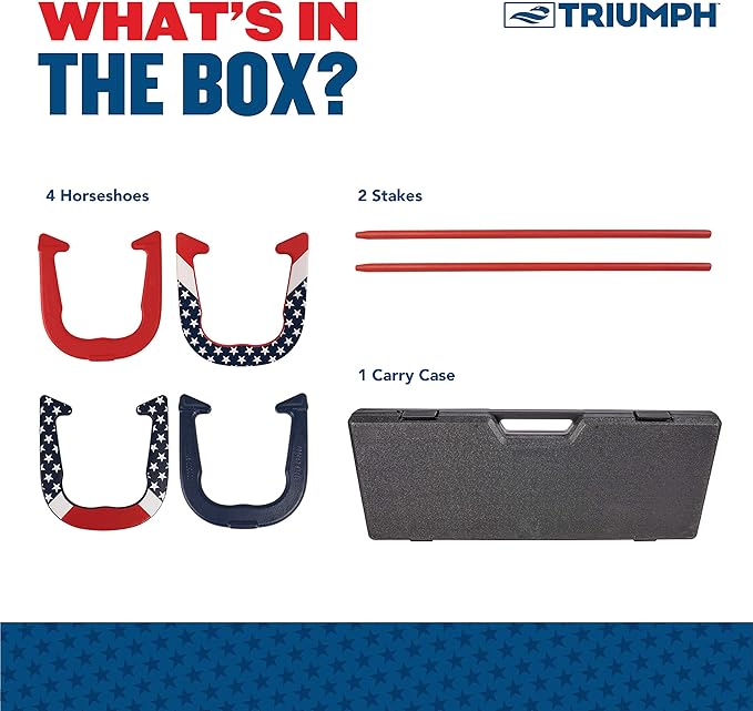 Triumph Forged and Steel Horseshoe Set Complete with 4 Horseshoes, 2 Stakes - Patriotic or Blue and Grey Colors - Perfect Addition for Parties and Outdoor Gatherings